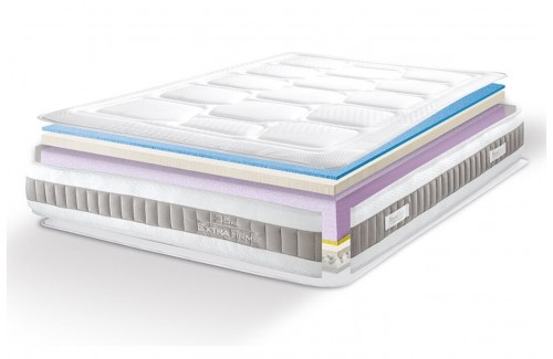 Colchón ROYAL TECH blanco con estructura acolchada, sobre base tapizada en tela beige clara 2