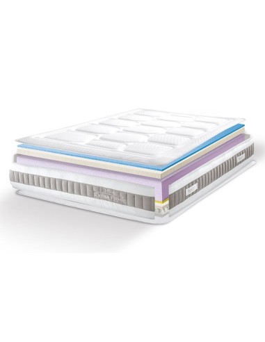 Colchón ROYAL TECH multicapa con núcleo de muelles, capas viscoelástica azul y púrpura, diseño anatómico