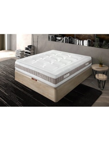 Colchón ROYAL TECH blanco con estructura acolchada, sobre base tapizada en tela beige clara