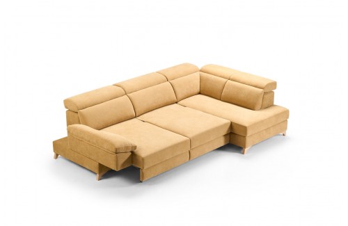Sofá cama convertible beige con asientos deslizantes y chaise longue integrada