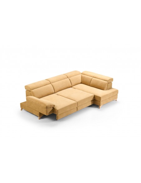 Sofá cama convertible beige con asientos deslizantes y chaise longue integrada