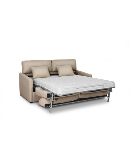 Sofá cama sistema italiano beige con colchón 140x190 cm, estructura desplegable y cojines decorativos