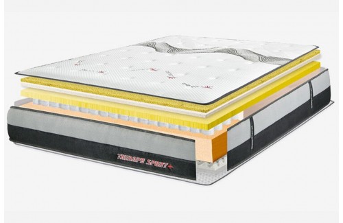 Colchón Therapy Sport con capas visibles de espuma y muelles, tapizado blanco con detalles amarillos